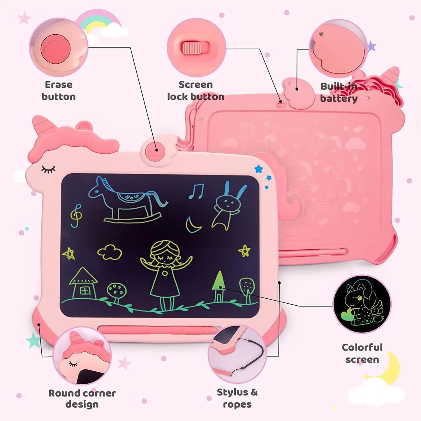 Unicorn LCD Writing Tablet for Kids, 8.5-inch Mess-Free Drawing Pad, Eye Protection Screen, Reusable Doodle Board for 3-7 Year