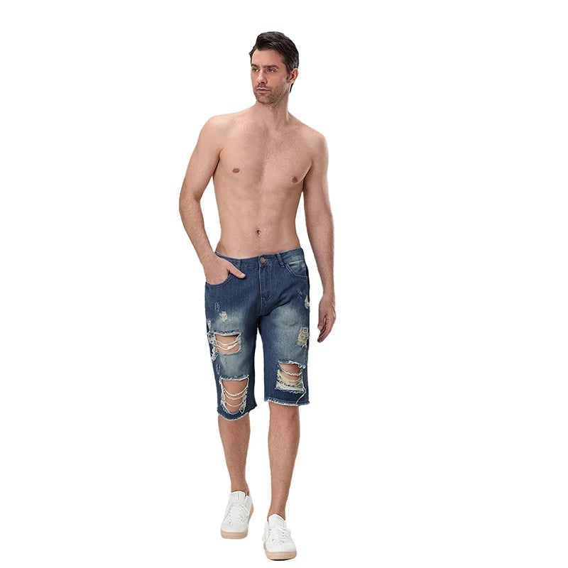 CN Guangdong Men Distressed Denim Shorts Zipper Fly Pockets