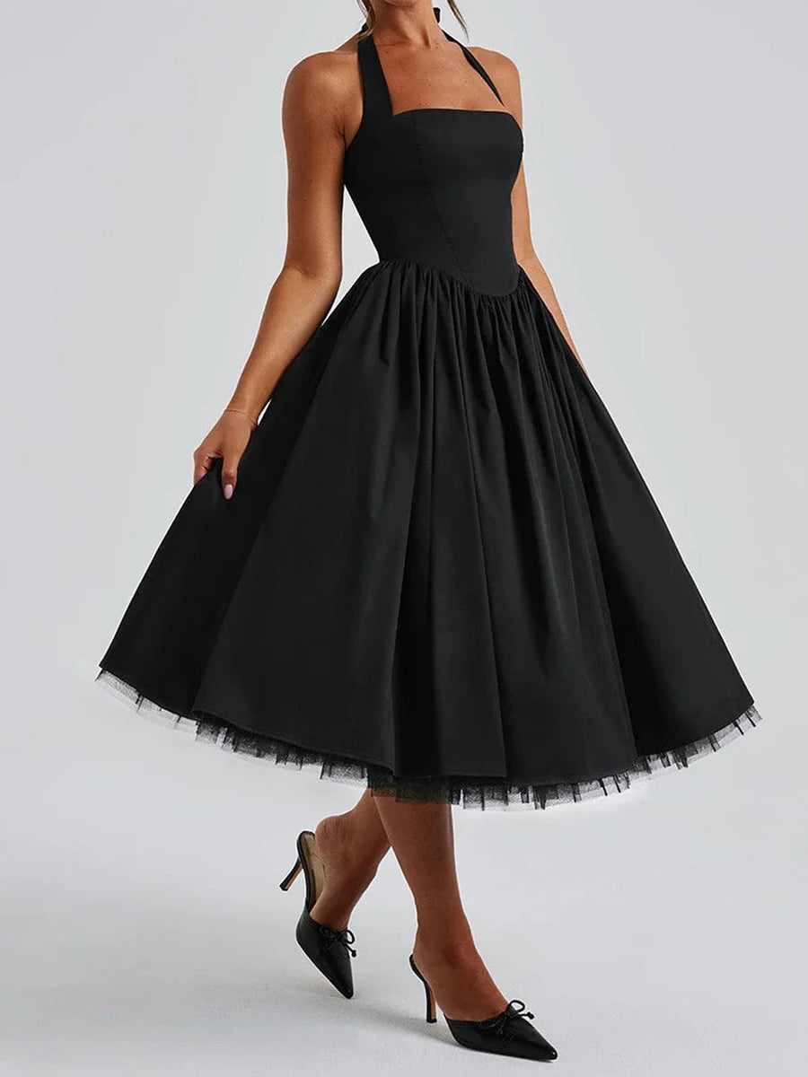 Hirigin Elegant Sleeveless Halter Neck Midi Dress Open Back