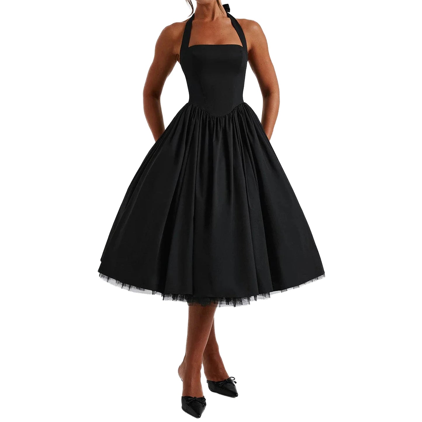 Hirigin Elegant Sleeveless Halter Neck Midi Dress Open Back