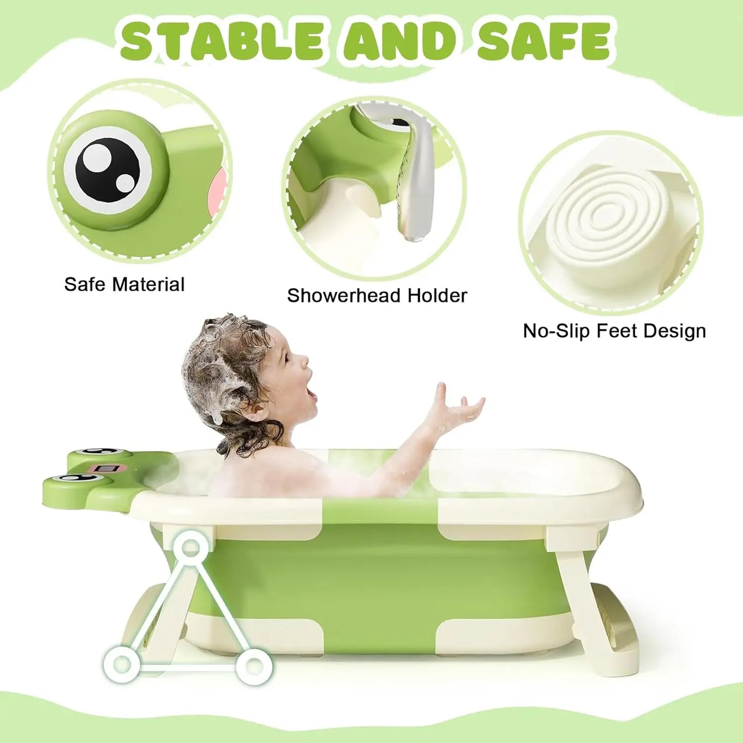 Foldable Baby Bathtub With Cushion Thermometer And Shower Brush