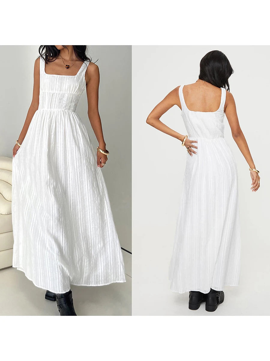 Womens Sleeveless Square Neck Smock Waist Evening Dress