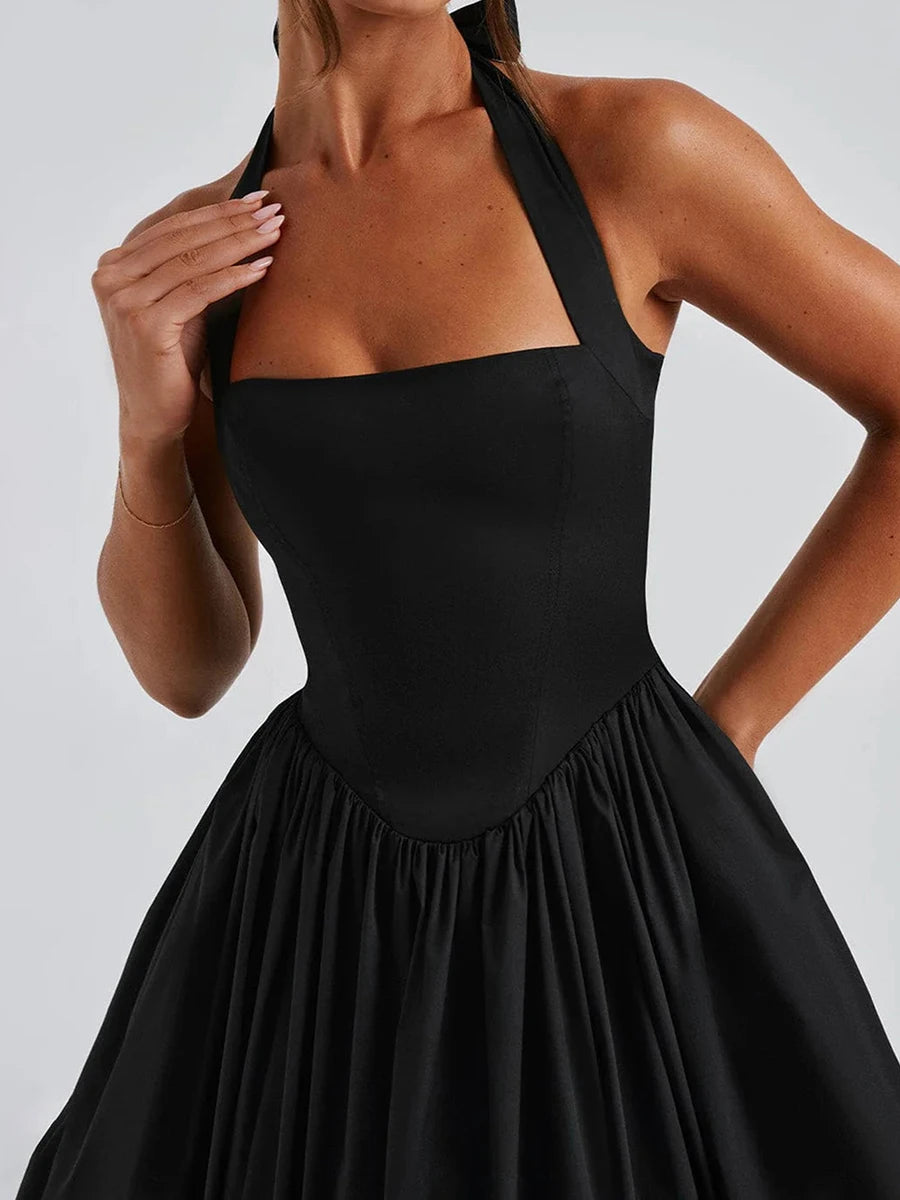 Hirigin Elegant Sleeveless Halter Neck Midi Dress Open Back