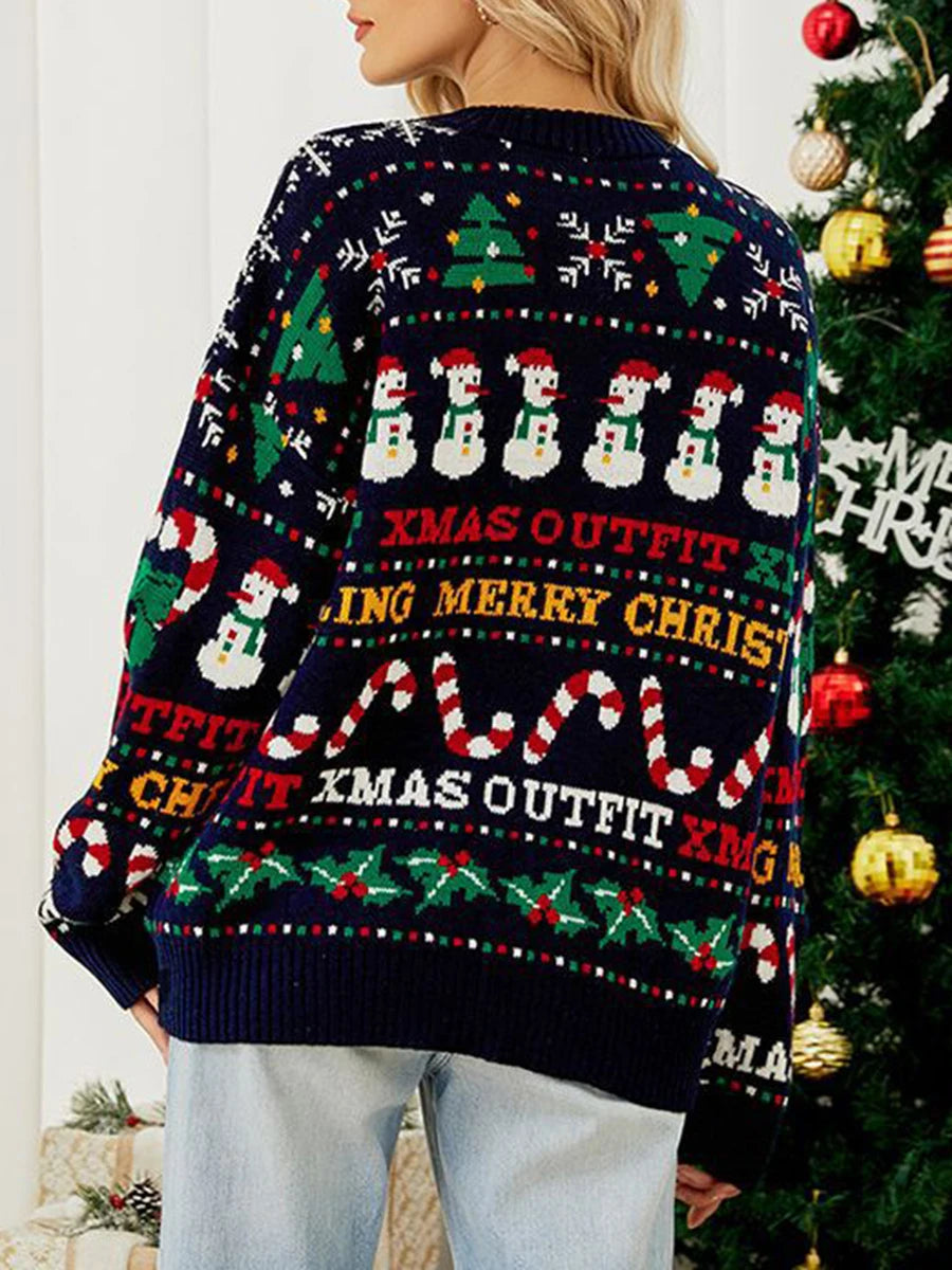 Women s Ugly Christmas Sweaters Long Sleeve Santa Snowman Print Loose Knit Pullovers
