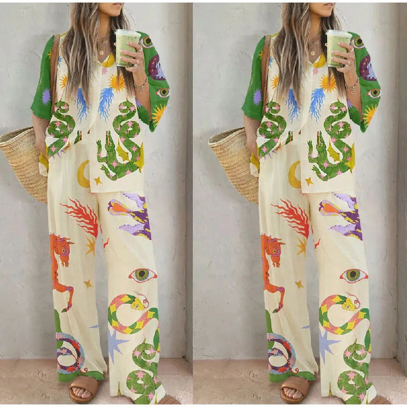 Hirigin Women Summer Pants Outfit Set with Unique Print