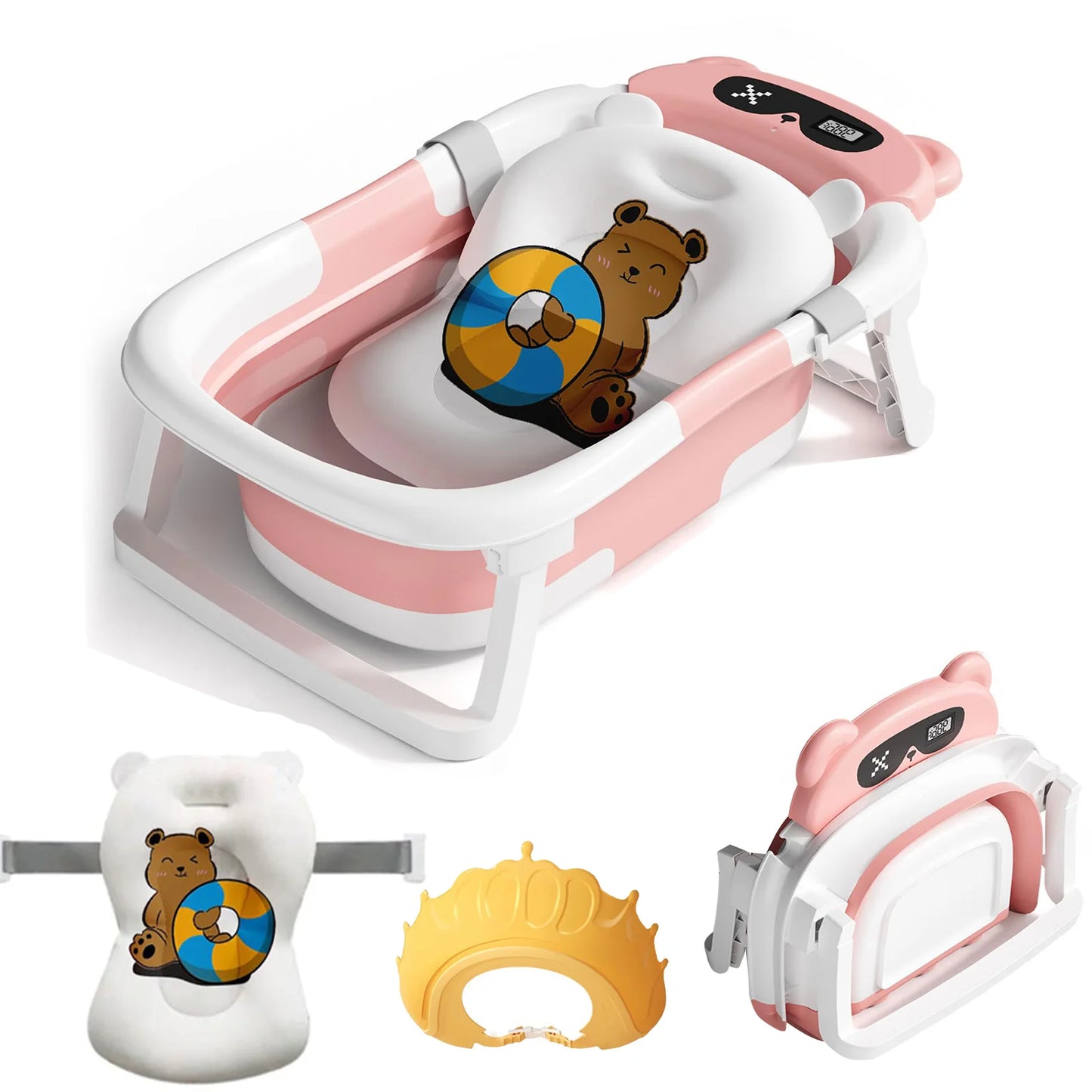 Foldable Baby Bathtub With Cushion Thermometer And Shower Brush