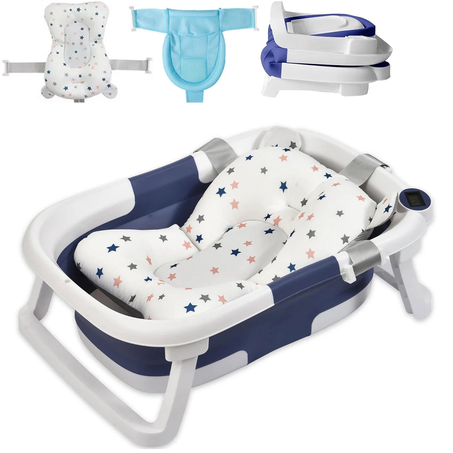 Foldable Baby Bathtub With Cushion Thermometer And Shower Brush