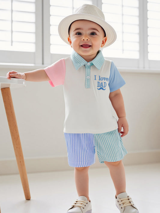 Boys Summer Shorts Sets Short Sleeve Lapel Contrast Color Tops and Striped Shorts Sets