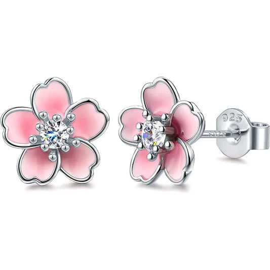 Pink Flower Earrings 925 Sterling Silver Stud Earrings