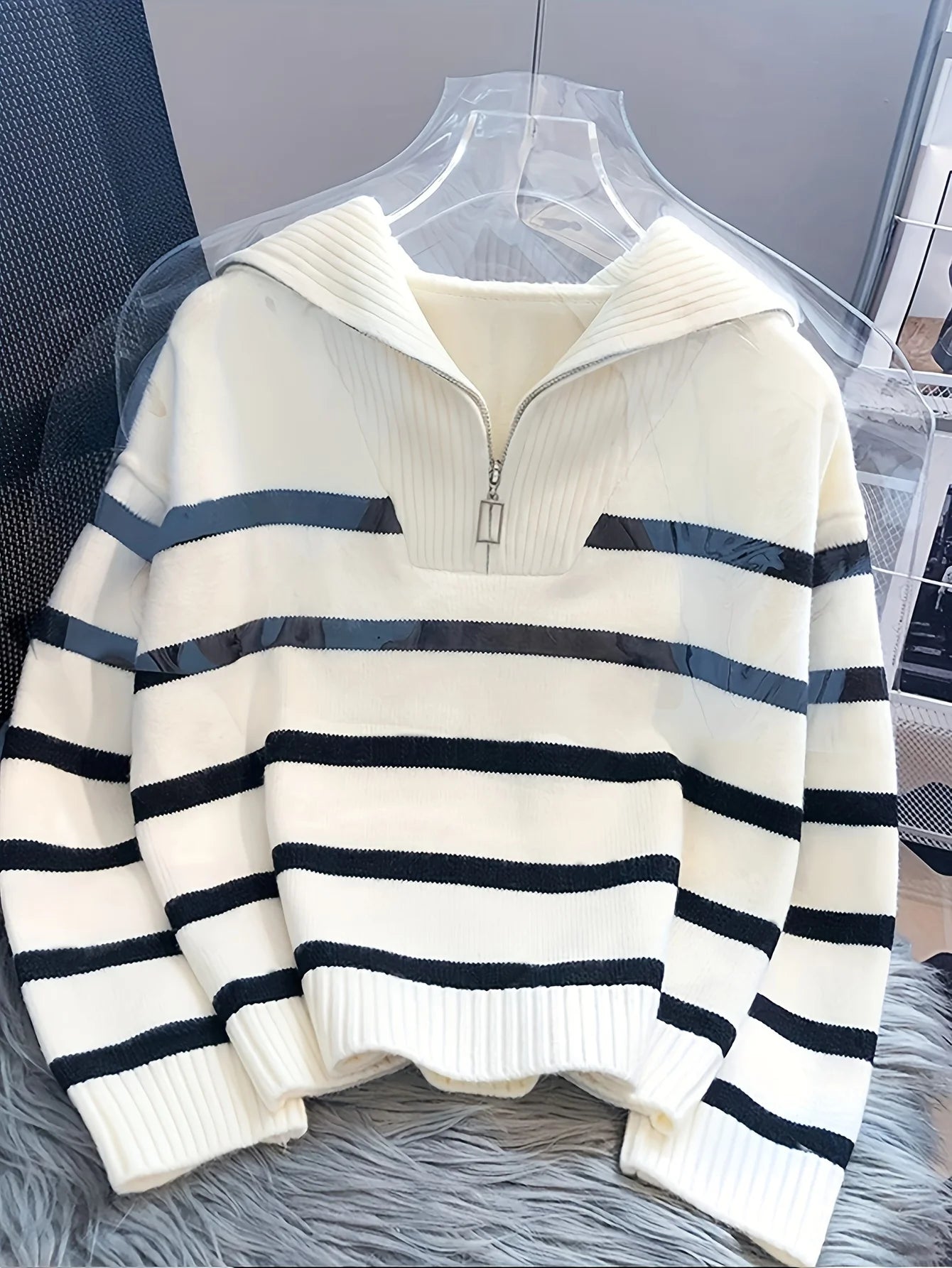CakuloCN Autumn Winter Women Knit Striped Zipper Sweater Top