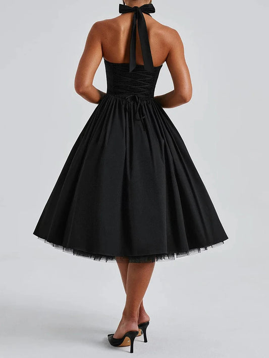 Hirigin Elegant Sleeveless Halter Neck Midi Dress Open Back