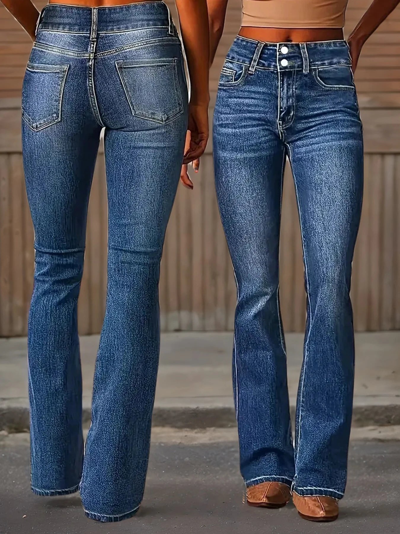 New Women's High Waisted Elastic Flared Jeans, Retro Washed Slim Fit Basic Jeans, Suitable for Daily Wear