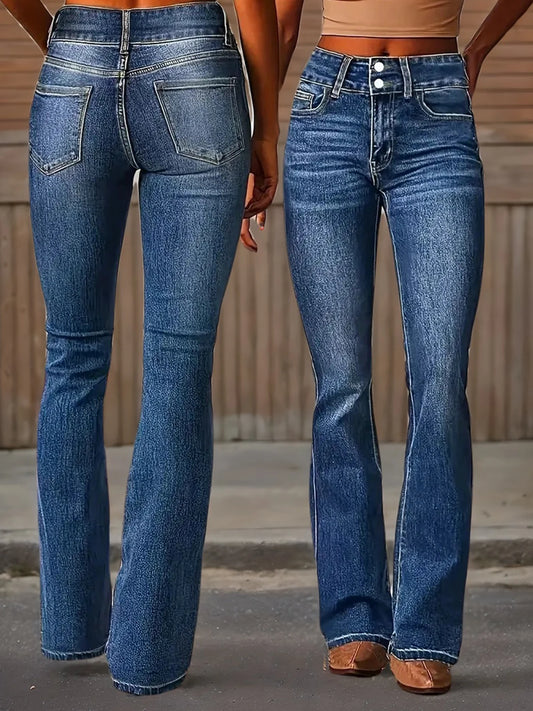 New Women's High Waisted Elastic Flared Jeans, Retro Washed Slim Fit Basic Jeans, Suitable for Daily Wear