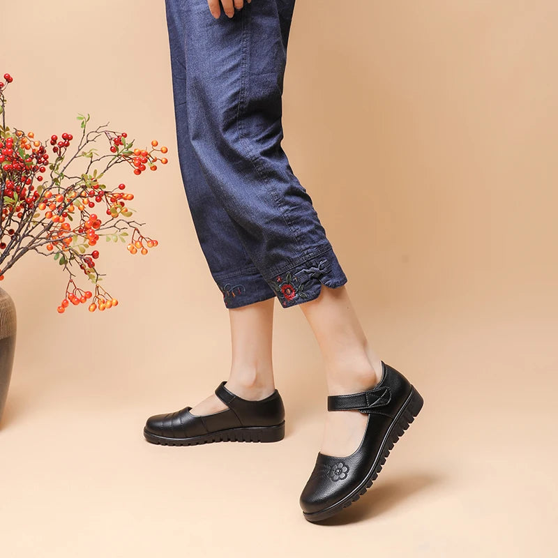Work Flats Mary Jane With Floral Embroidery Non Slip Strap