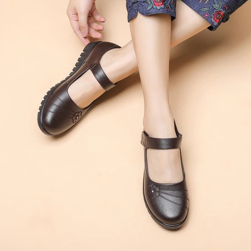 Work Flats Mary Jane With Floral Embroidery Non Slip Strap
