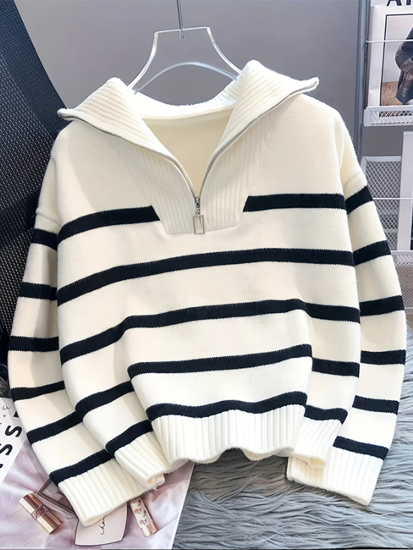 CakuloCN Autumn Winter Women Knit Striped Zipper Sweater Top