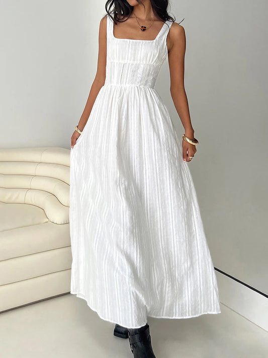 Womens Sleeveless Square Neck Smock Waist Evening Dress