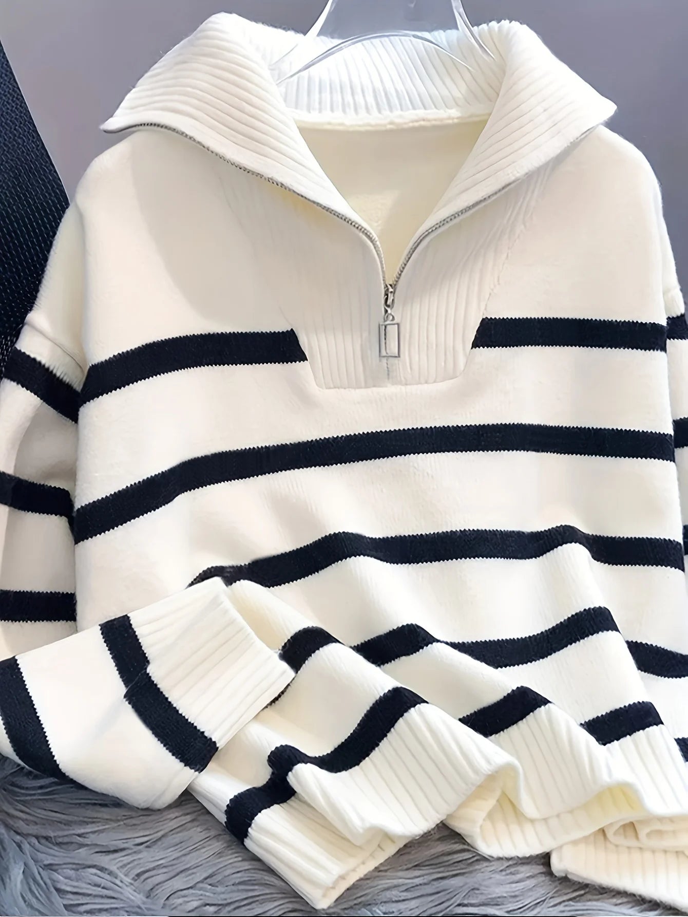 CakuloCN Autumn Winter Women Knit Striped Zipper Sweater Top