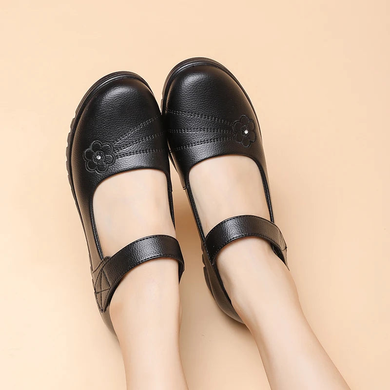 Work Flats Mary Jane With Floral Embroidery Non Slip Strap