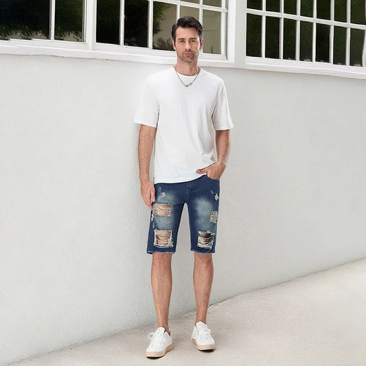 CN Guangdong Men Distressed Denim Shorts Zipper Fly Pockets