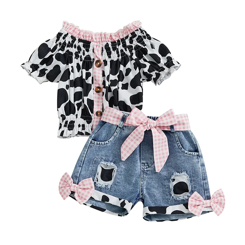 Leopard Print Sleeveless Top And Denim Shorts Set For Girls