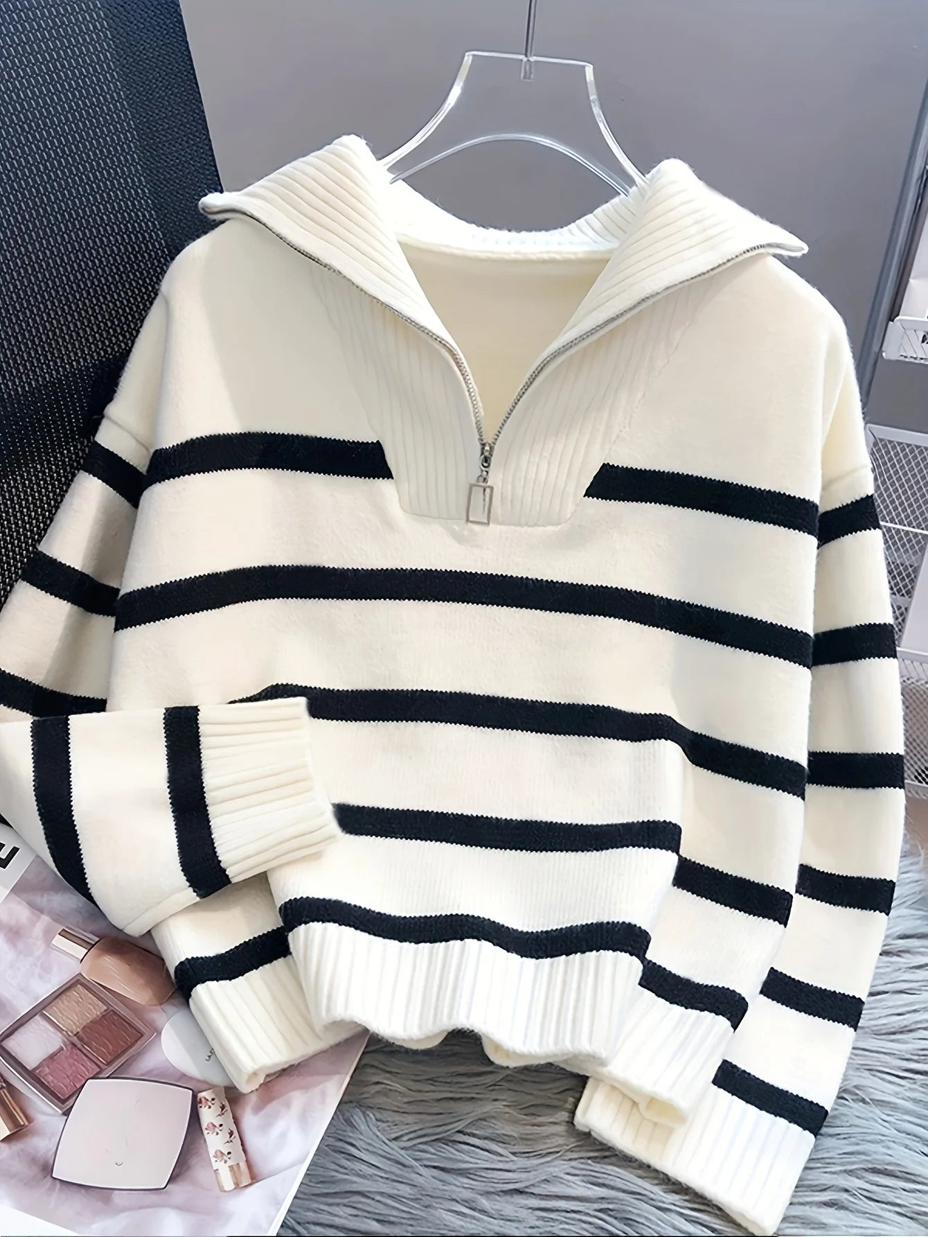 CakuloCN Autumn Winter Women Knit Striped Zipper Sweater Top
