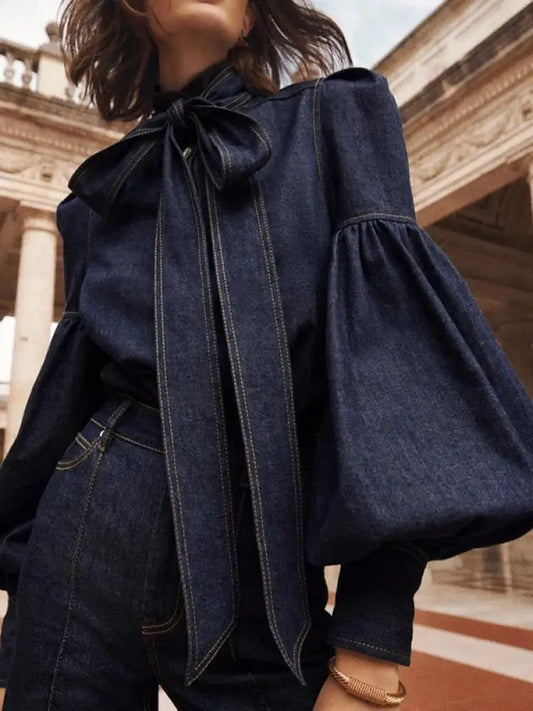 Fashionable Women's Denim Blouse with Puff Sleeves and Bow