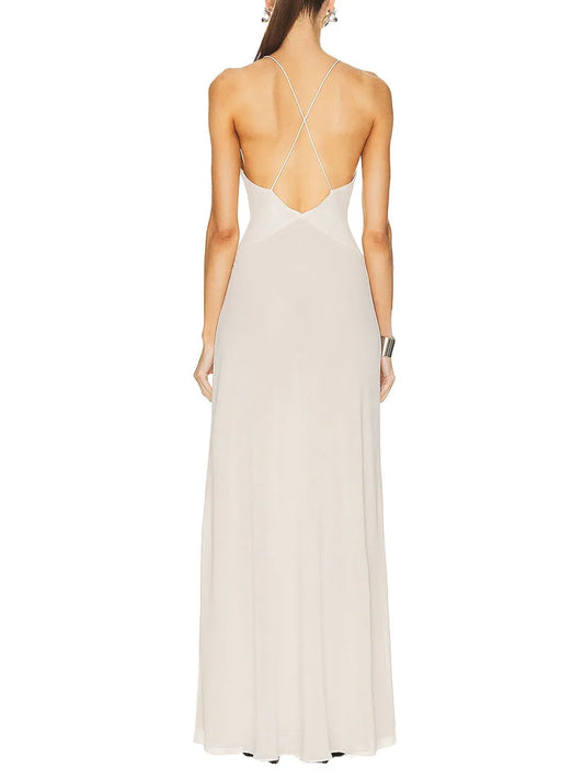 Elegant Women's V Neck Maxi Dress with Floral Embellishments