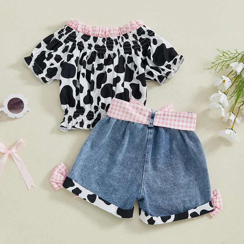 Leopard Print Sleeveless Top And Denim Shorts Set For Girls