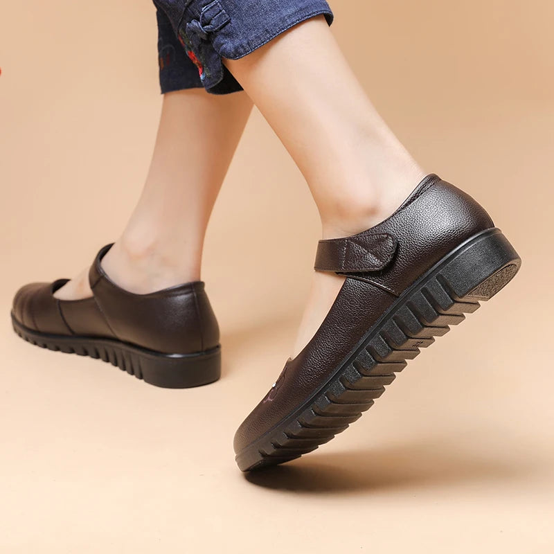Work Flats Mary Jane With Floral Embroidery Non Slip Strap