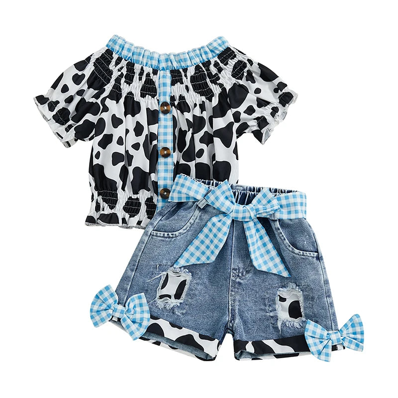 Leopard Print Sleeveless Top And Denim Shorts Set For Girls