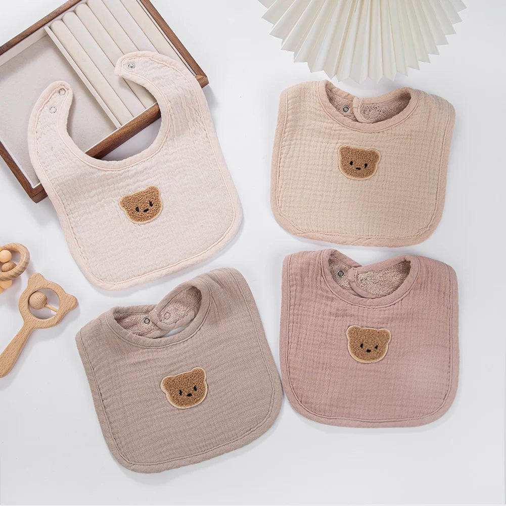 Cute Bear Muslin Cotton Baby Bibs With Pockets Absorbent