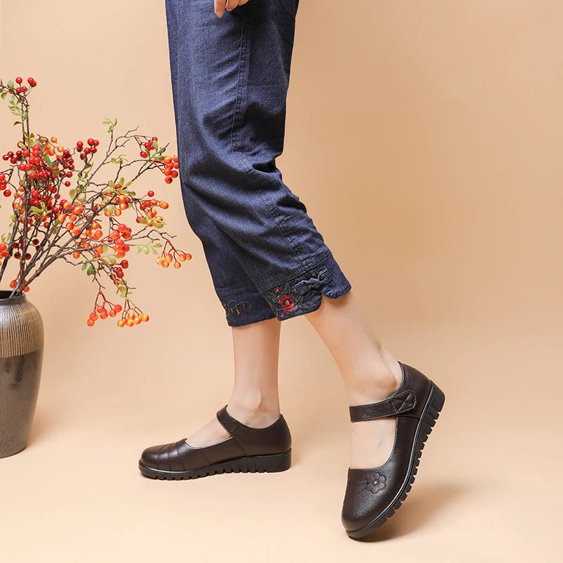 Work Flats Mary Jane With Floral Embroidery Non Slip Strap