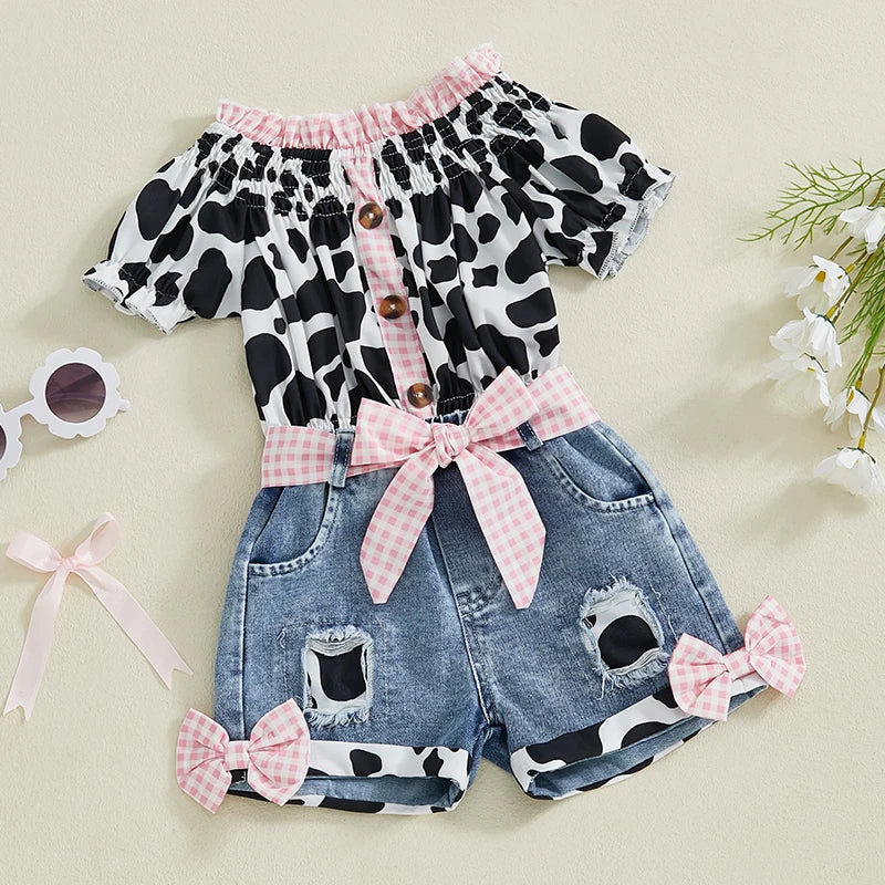 Leopard Print Sleeveless Top And Denim Shorts Set For Girls