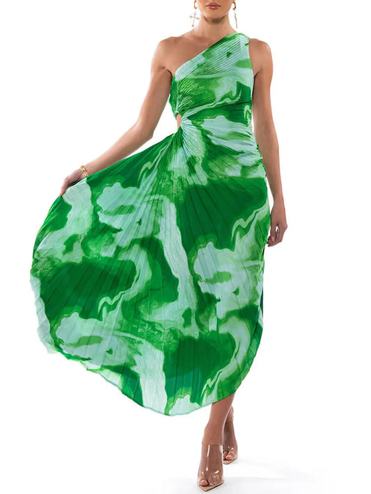 Summer One-Shoulder Pleated Tie-Dye Vacation Dress for Women