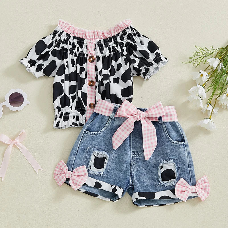 Leopard Print Sleeveless Top And Denim Shorts Set For Girls