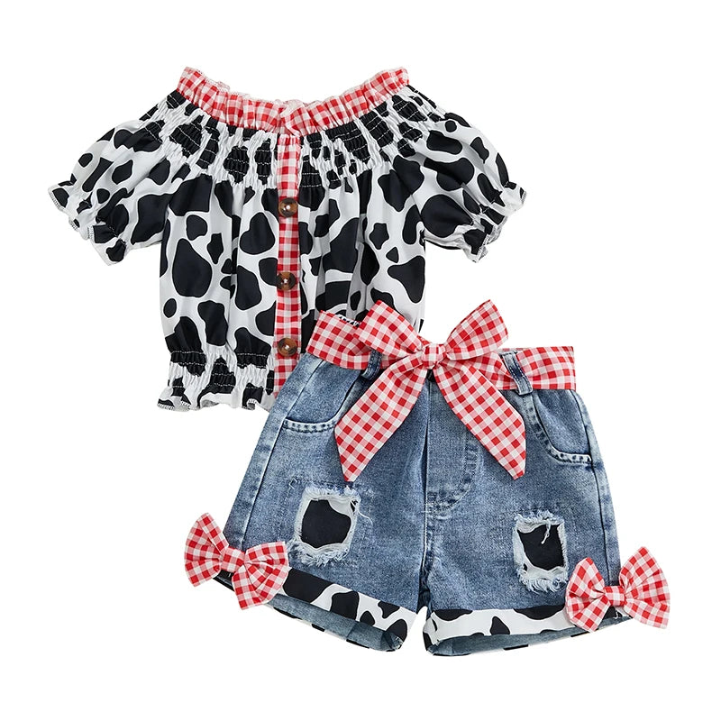 Leopard Print Sleeveless Top And Denim Shorts Set For Girls