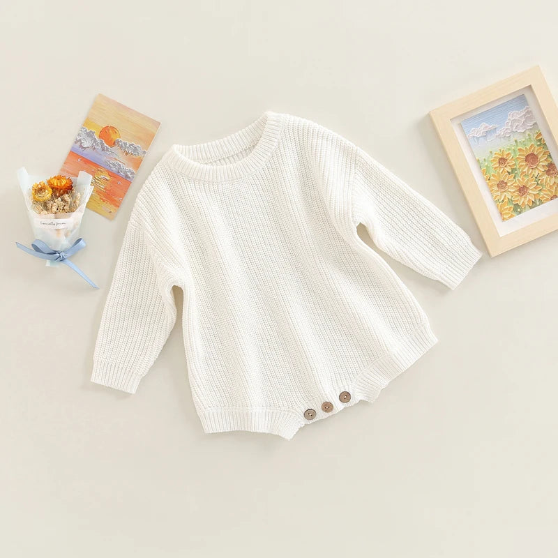 Infant Knit Jumpsuit with Long Sleeves and Round Neckline Solid Color Baby Romper Sweater Bodysuit for Cozy Outfit